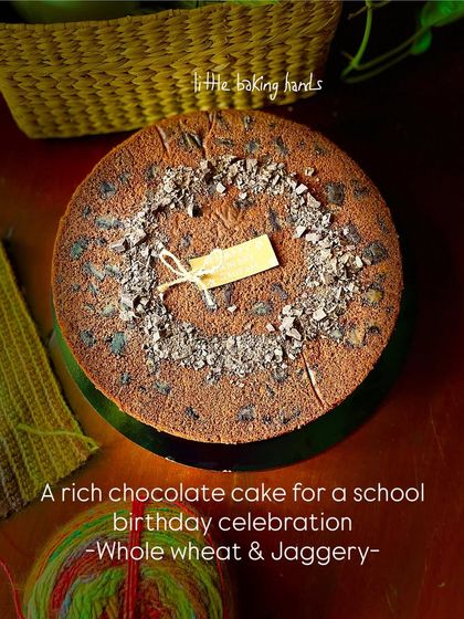 This rich chocolate cake, made with whole wheat and jaggery, was for a school birthday celebration. The simple topping of chocolate shavings is all it needs.