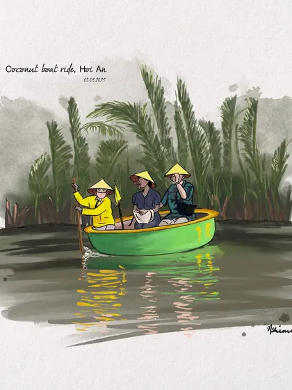 Travel is a huge inspiration for me, and this piece from a coconut boat ride in Hoi An, Vietnam, is a favorite. I can create a personalized travel illustration from your photos, capturing the joy and spirit of your adventures.