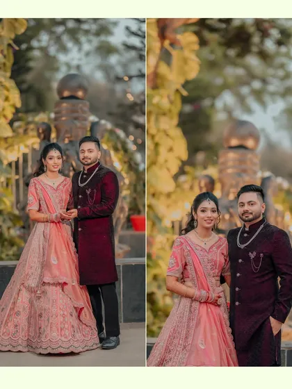 A diptych of Alankrit and Parul, capturing their coordinated pink and maroon outfits. These full-length portraits showcase their elegant engagement attire.