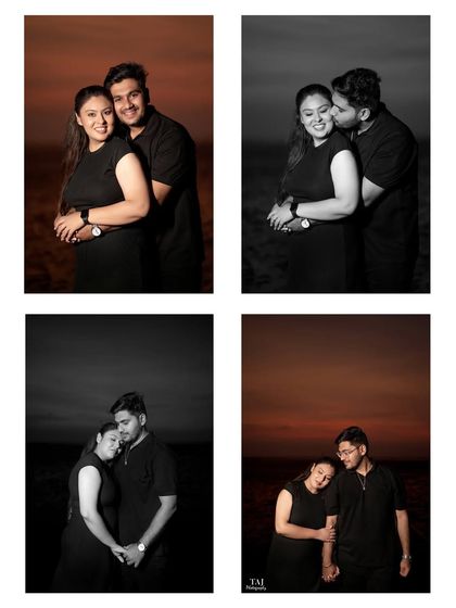 A four-panel collage showing different moments of affection between the couple at sunset. It includes both color and black and white edits, showcasing the versatility and emotion of a golden hour shoot.