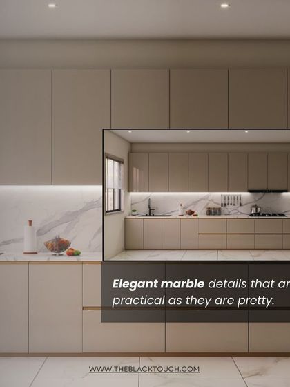 A 3D preview of an elegant kitchen design. The concept features marble details, streamlined cabinets, and subtle lighting to create a space that is both practical and beautiful.