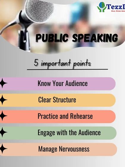 An infographic outlining five important points for effective Public Speaking, including knowing your audience, having a clear structure, and managing nervousness.