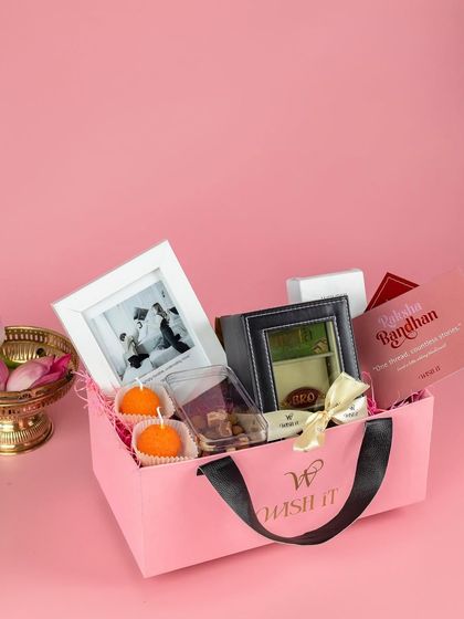 A shot of our "Celebration Edit" hamper in blush pink, filled with gifts for Rakhi. It's a beautiful way to celebrate the bond between siblings.