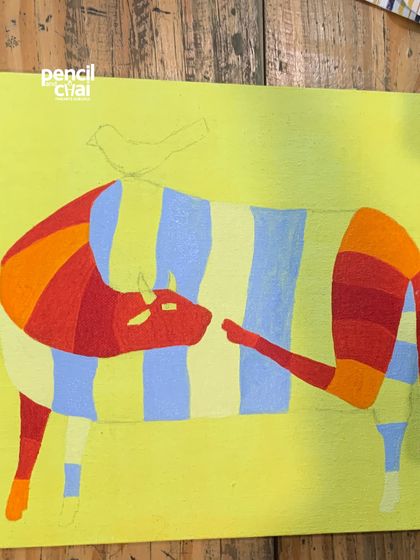 Another view of the striped Gond cow, now with more details emerging. Our classes for adults are perfect for anyone looking to explore their creative side, whether as a beginner or a returning artist.