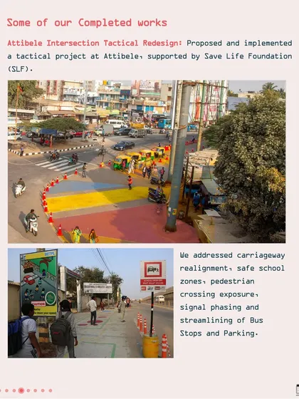 Our tactical urbanism intervention at the Attibele Intersection in Bengaluru. Using low-cost, high-impact design solutions like colorful paint and bollards, we created safer school zones and pedestrian crossings, demonstrating how small changes can make a big difference in road safety.