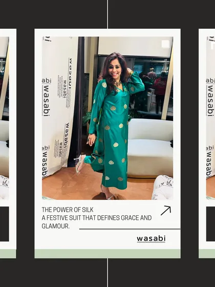 Here is a closer look at our festive silk suit in a beautiful emerald green. The power of silk is in its grace and glamour, and this outfit defines both.