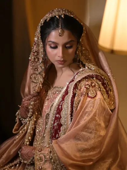A close-up focusing on the intricate details of the bridal outfit and the soft, glowing makeup.