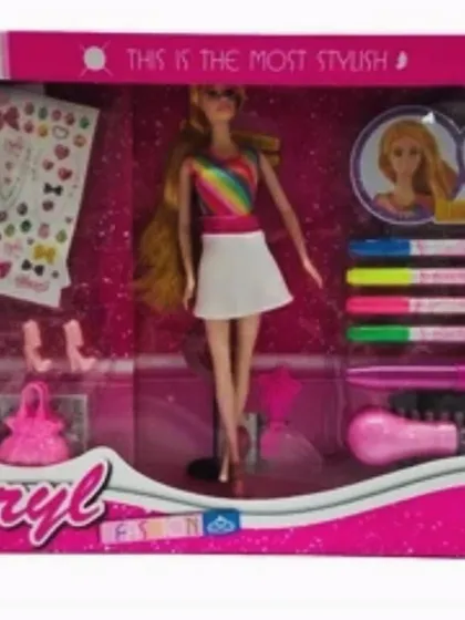 This "Beryl" fashion doll set comes with a doll, extra outfits, and styling accessories like a comb and markers to design her clothes.