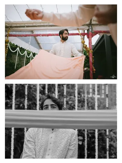 A collage showing Shubham getting ready for his Anand Karaj. His family helps him prepare the safa, a moment of tradition and support before he meets his bride.