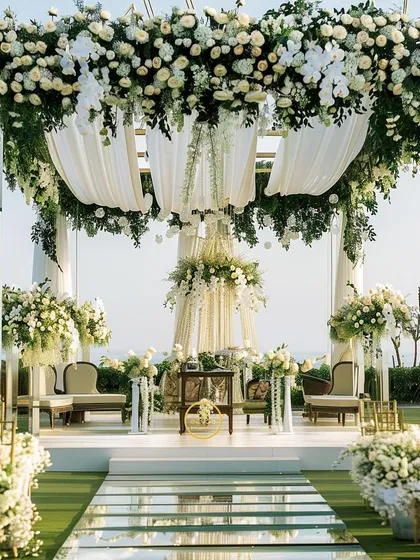 A floating mandap of white florals and greenery against the serene backwaters of Goa. We specialize in creating these breathtaking, luxurious wedding experiences that feel like a dream.