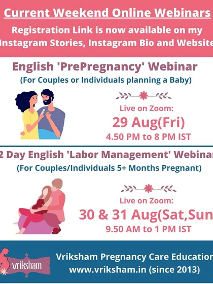 Here are the details for our upcoming weekend online webinars. We offer a Pre-Pregnancy webinar for those planning a baby and a 2-day Labor Management webinar for those in their second or third trimester.