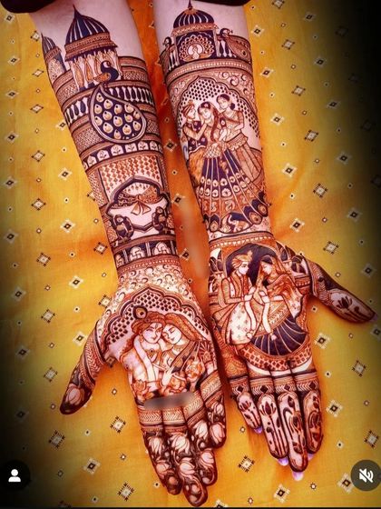 A full-story bridal mehndi with multiple scenes, including couple portraits and traditional wedding rituals.