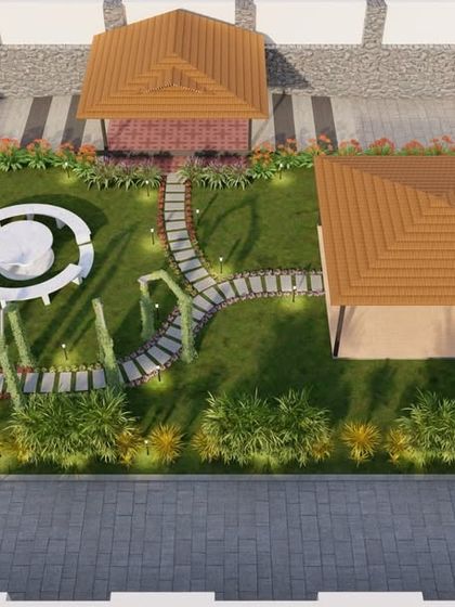 An aerial 3D view of a large garden layout, featuring two gazebos, a circular seating area, and winding pathways. This master plan is crucial for large scale landscaping projects.