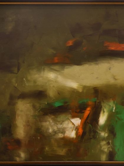 Adimoolam's 1995 oil on canvas, reflecting his shift towards abstraction. The earthy tones and sweeping brushstrokes create an atmospheric composition that invites introspection.