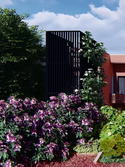 A detail from our farmhouse project, showing how a metal screen structure is being overgrown with climbing plants. This creates a living wall that adds texture, color, and a touch of wildness to the building's facade.