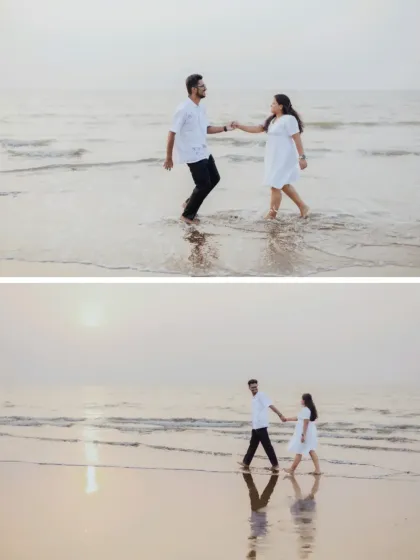 Two images capturing the couple's joyful walk along the shoreline, hand in hand. The reflection in the lower photo adds a beautiful touch.