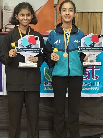 State Doubles Champions! Our players Hrithika Madhur and Swara Jangade on the podium after winning the U-15 girls' doubles gold medal at the Maharashtra State Championship in Pune.