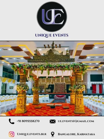 For this wedding, we constructed an ornate, traditional South Indian mandap. The design features intricately detailed golden pillars and a classic floral canopy, creating a sacred and majestic space for the ceremony.