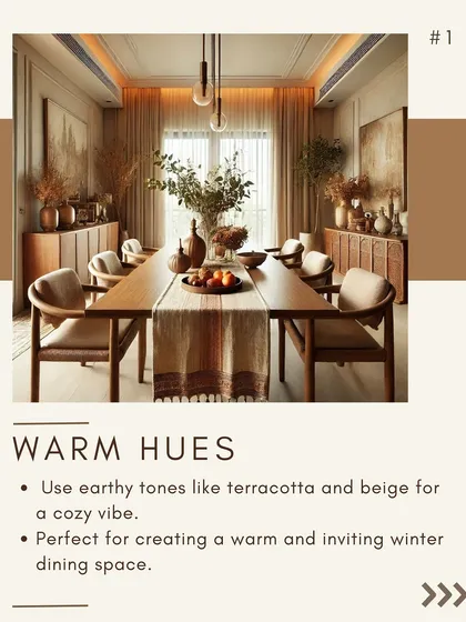 For this winter dining space, I used warm, earthy hues like terracotta and beige. The wooden dining table and chairs, paired with natural decor, create a cozy and inviting atmosphere for meals.