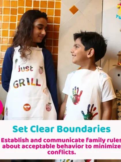 To handle sibling rivalry, I suggest setting clear boundaries. Here, two siblings wear aprons they decorated, a fun activity that also teaches them about personal space.