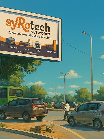 A creative illustration showing a Syrotech billboard on a busy road, showcasing our diverse product range from datacom to CCTV.
