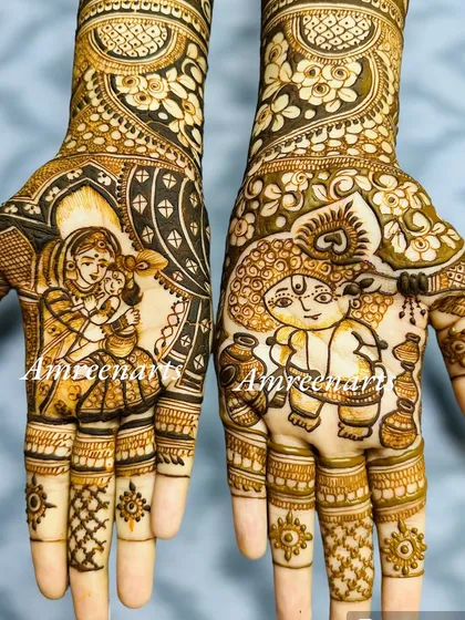 A playful and divine baby shower mehandi. This design features portraits of Yashoda with baby Krishna and the mischievous Bal Krishna, celebrating the joy of motherhood.