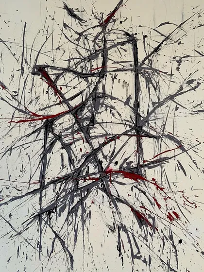 This abstract painting, also for the film "CHUP," features a chaotic web of black and red lines. The work is purely expressive, focusing on movement and tension.