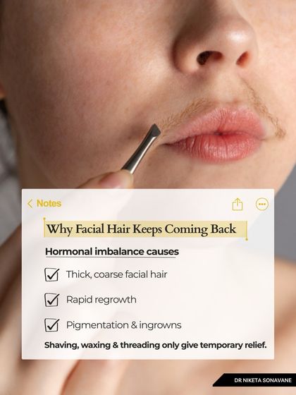 Unwanted facial hair that keeps coming back is almost always a sign of a hormonal imbalance. While methods like tweezing, waxing, or shaving give temporary relief, they don't solve the problem of thick, coarse hair and rapid regrowth. My approach combines laser treatment with a proper hormonal evaluation to give you control back.