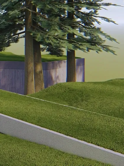 This view emphasizes how the building's form follows the natural slope of the land. The green roof acts as a continuation of the hillside, making the structure feel subordinate to the landscape around it.