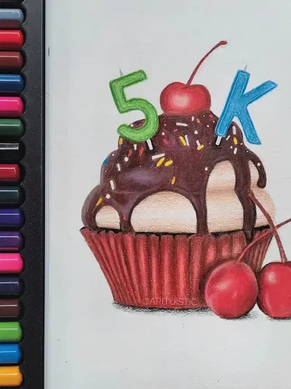 A fun colored pencil drawing of a chocolate cupcake with cherries and "5K" candles, created to celebrate a follower milestone.