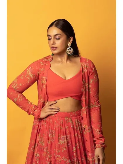 A closer look at the details of the Paulmi and Harsh lehenga, highlighting the print and the flattering cut of the blouse.