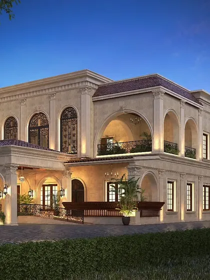 This architectural render captures the evening ambiance of the Veerabhavana Villa in Mangalore. The design employs a Mediterranean architectural style, featuring grand arches and a carefully planned lighting scheme to create an elegant and welcoming family home that is impressive from every angle.