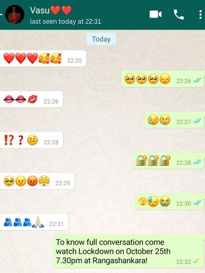 A WhatsApp conversation told entirely through emojis, hinting at the communication struggles of a newly married couple during the lockdown.
