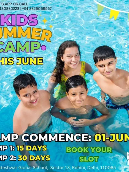 A group of friends smiling for the camera in the pool. Our summer camp is the perfect place for kids to build social skills and create lasting bonds over a shared love for swimming.