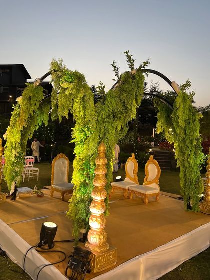 A lush green mandap design for an evening ceremony. The arch is covered in greenery and lit from below, creating a magical, enchanted forest feel.