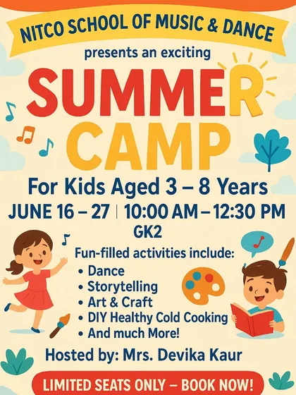 Our summer camps are packed with fun-filled activities for kids aged 3 to 8. This poster gives you a little peek into what we offer, from dance and storytelling to DIY cold cooking. Seats are always limited, so we can give each child the attention they deserve.