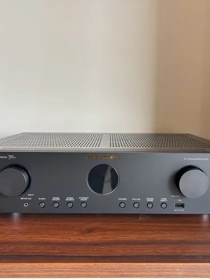 The heart of any great home theater is the AV receiver. This is a Marantz Cinema 70s, a slim yet powerful unit that I often recommend for its clean sound and ability to handle complex Dolby Atmos setups. I only work with genuine gear from top brands to ensure performance and reliability.