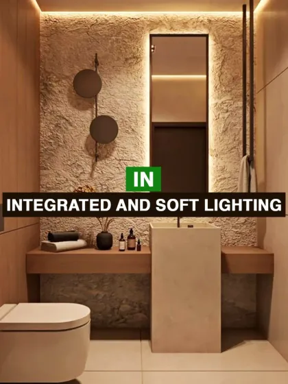 This image highlights what's 'in' for bathroom trends: integrated and soft lighting. The soft glow from behind the mirror and under the vanity creates a gentle, luxurious ambiance.