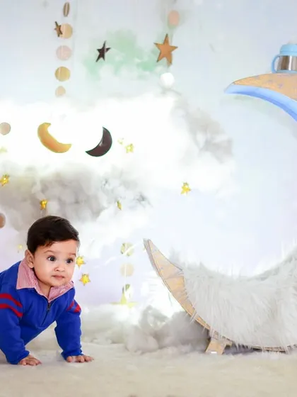 This crawling-stage photo shows how our celestial set is safe and engaging for even the most active little explorers. The moon prop is low to the ground and stable.