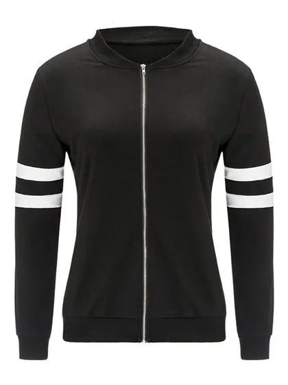 A standard e-commerce product shot of a black zip-up jacket with white stripes on the sleeves, presented on a ghost mannequin for a perfect, body-like shape.