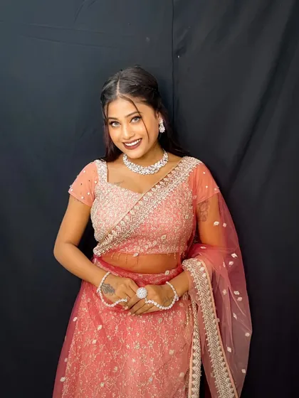 Slaying! Our client looks absolutely radiant and happy in her pink rental lehenga and diamond jewellery set.