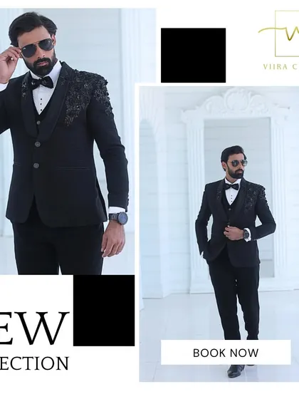 A collage showcasing our new black embroidered tuxedo, a key piece in our groom's wear collection. Book a consultation to design your own.