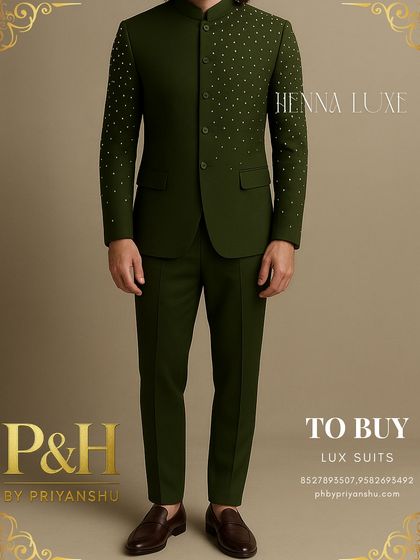 A detailed shot of the olive green Jodhpuri, highlighting the precise placement of the hand-embroidered studs.