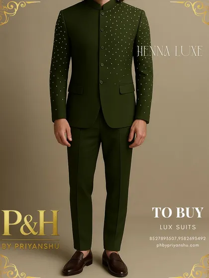 A detailed shot of the olive green Jodhpuri, highlighting the precise placement of the hand-embroidered studs.