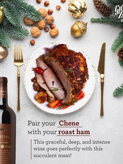 For a festive Christmas feast, I recommend pairing our deep and intense Chêne Grande Reserve with a succulent roast ham. The wine's complexity beautifully complements the rich, savory meat.