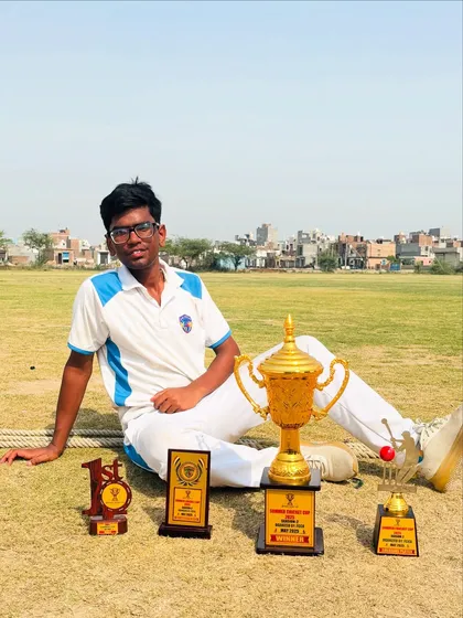 Rishabh Singh with his collection of trophies after being named Player of the Series in the Summer Cricket Cup.