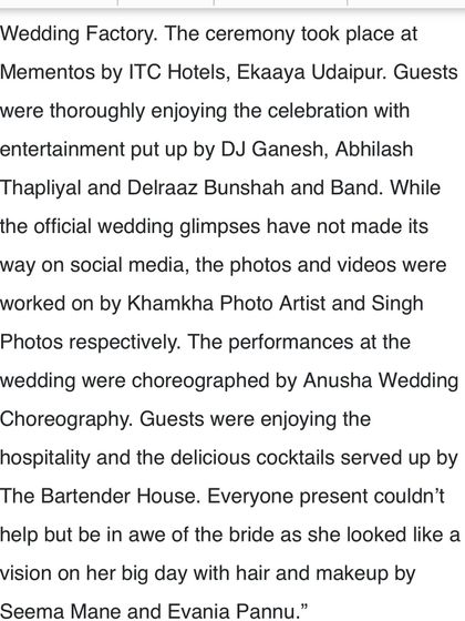 This article clipping mentions my role in choreographing the performances at the wedding, which took place at Mementos by ITC Hotels in Ekaaya, Udaipur.