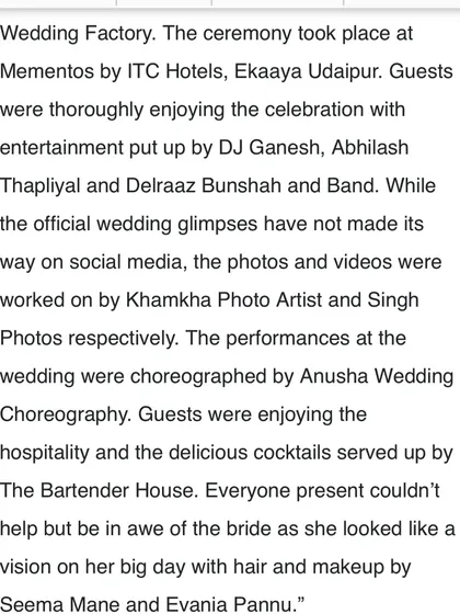 This article clipping mentions my role in choreographing the performances at the wedding, which took place at Mementos by ITC Hotels in Ekaaya, Udaipur.