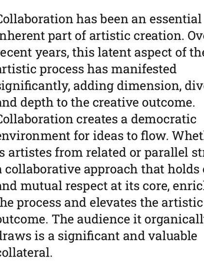 More from the article on 'Mandala', discussing how collaboration creates a democratic environment for ideas to flow and enriches the artistic outcome.