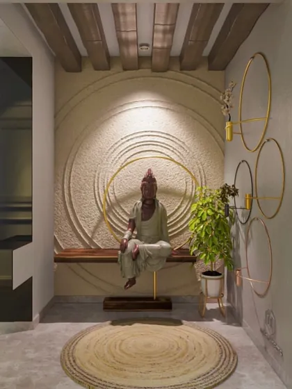 Another view of the peaceful meditation space, showing the handcrafted Buddha statue and the calming, circular patterns on the wall.